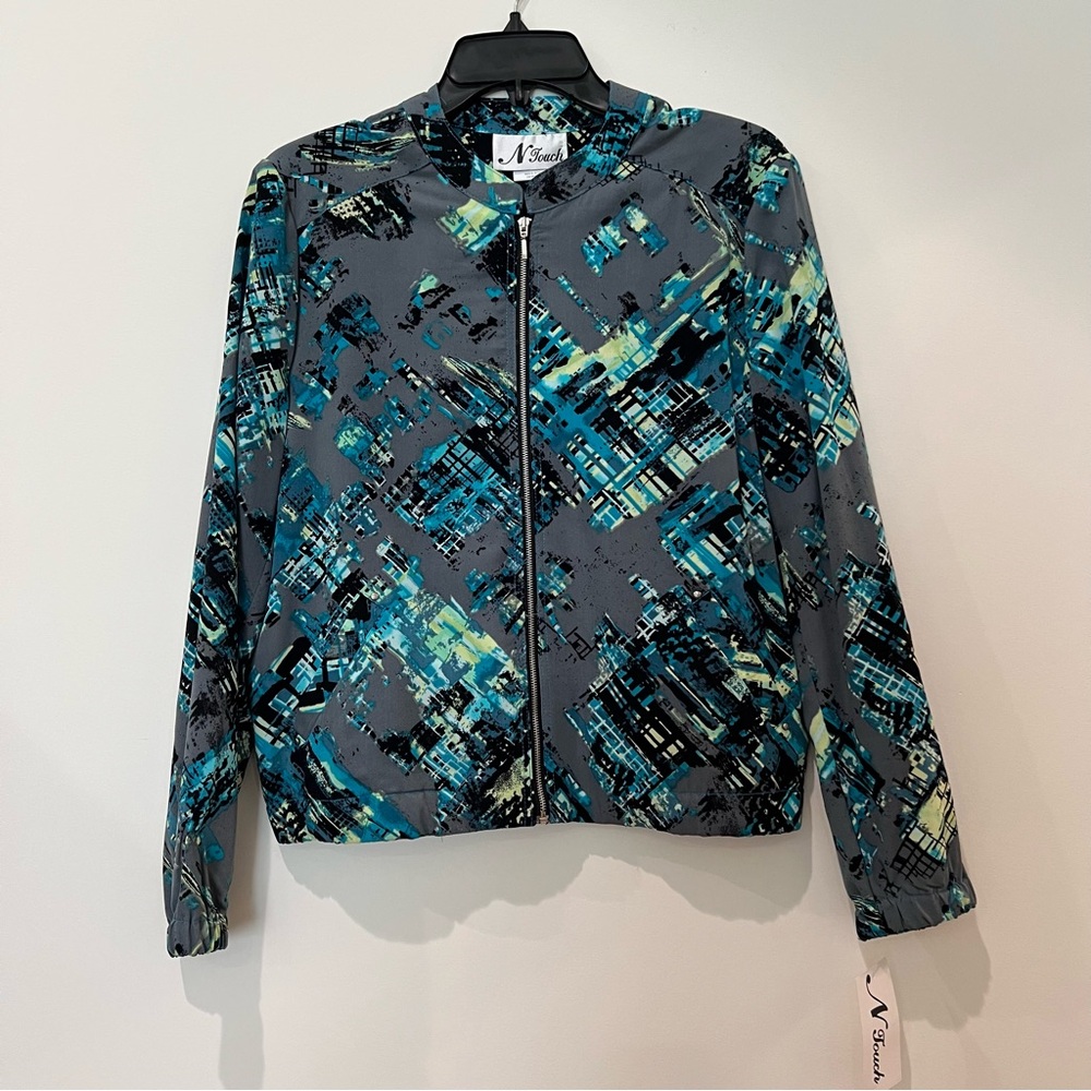 N Touch Full Zip Geometric blue black white AOP long sleeve jacket women’s small